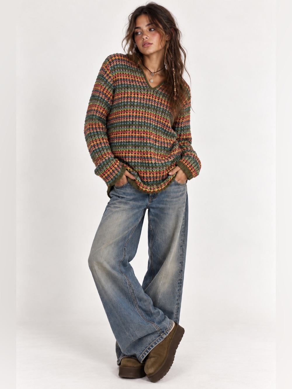 Liz Claiborne Size S Multicolor Crochet Knit Sweater Boho 70s